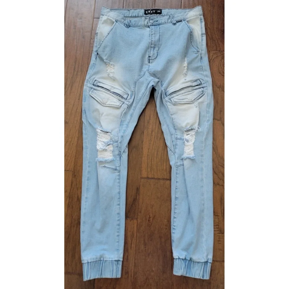 KSCY Melbourne Men's Blue Distressed Elastic Hem Denim‎ Jeans Size 34x31